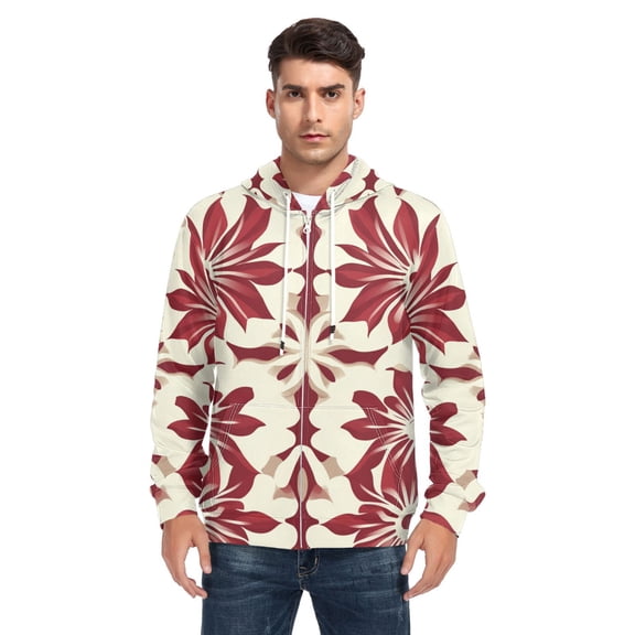 Red Floral Pattern Men’s Hoodies Sweatshirt with Full Zip Pockets Fleece Jackets