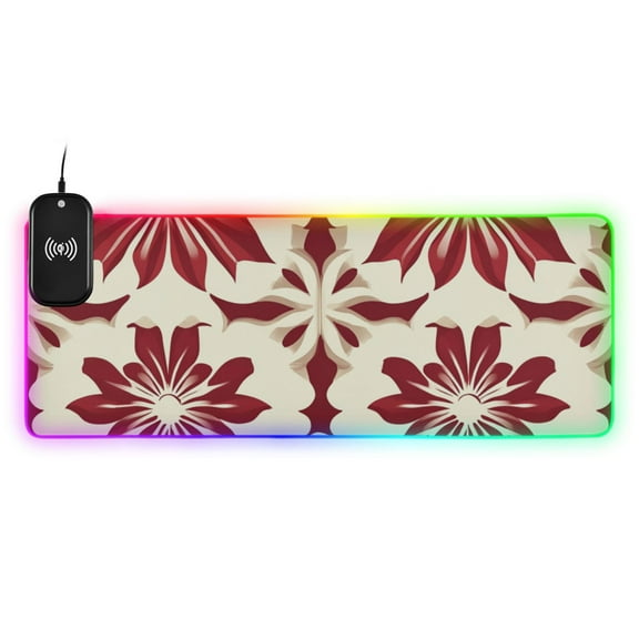 Red Floral Pattern Wireless Charging RGB Gaming Mouse Pad Large Keyboard Mat Rubber Base 13 Light Modes