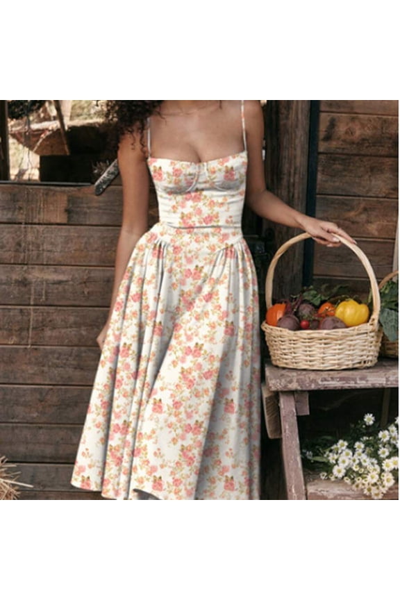 Red Floral Pattern Womens Spaghetti Strap Sweetheart Neckline Cinched Waist A-Line Midi Dress