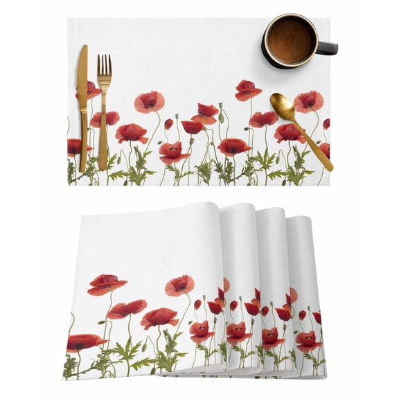 Red Floral Placemats Set of 12 Pastoral Concubine Flowers Green Leaf Country Heat Insulation Washable Place Mats, Rustic Non-Slip Table Mats for Dining Table Party Kitchen Decor,13x19 Inch