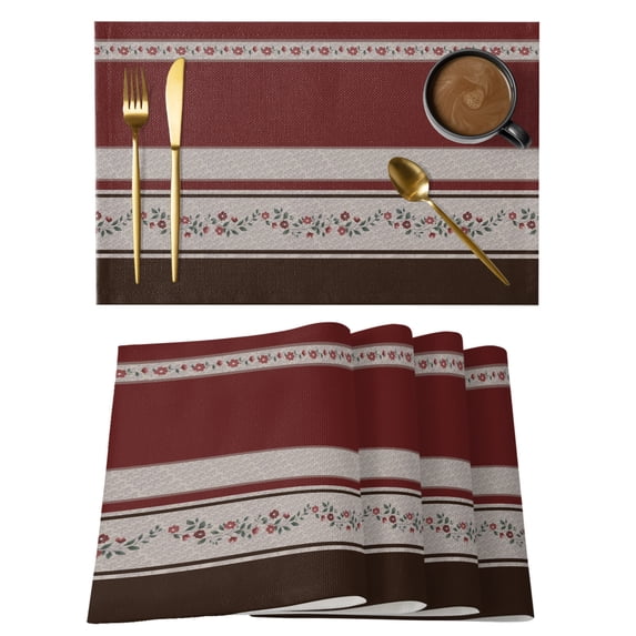 Red Floral Placemats Set of 8 Modern Farmhouse Leaves Brown Striped Place Mats Indoor Wipeable Table Mats Washable Cloth Dining Table Placemats for Kitchen Holiday Party Home Decor 13x19 Inch