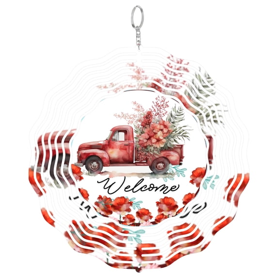 Red Floral Poppy Truck 3D Wind Spinner Kinetic Metal Hanging Remembrance Gift Round