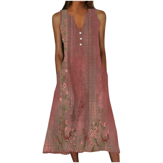 Red Floral Print Loose Fit for Women Fall Summer Sleeveless V Neck Maxi Long Beach Casual Victorian Hawaiian Dresses Sun Dresses Women Button 2025 Clothes XL