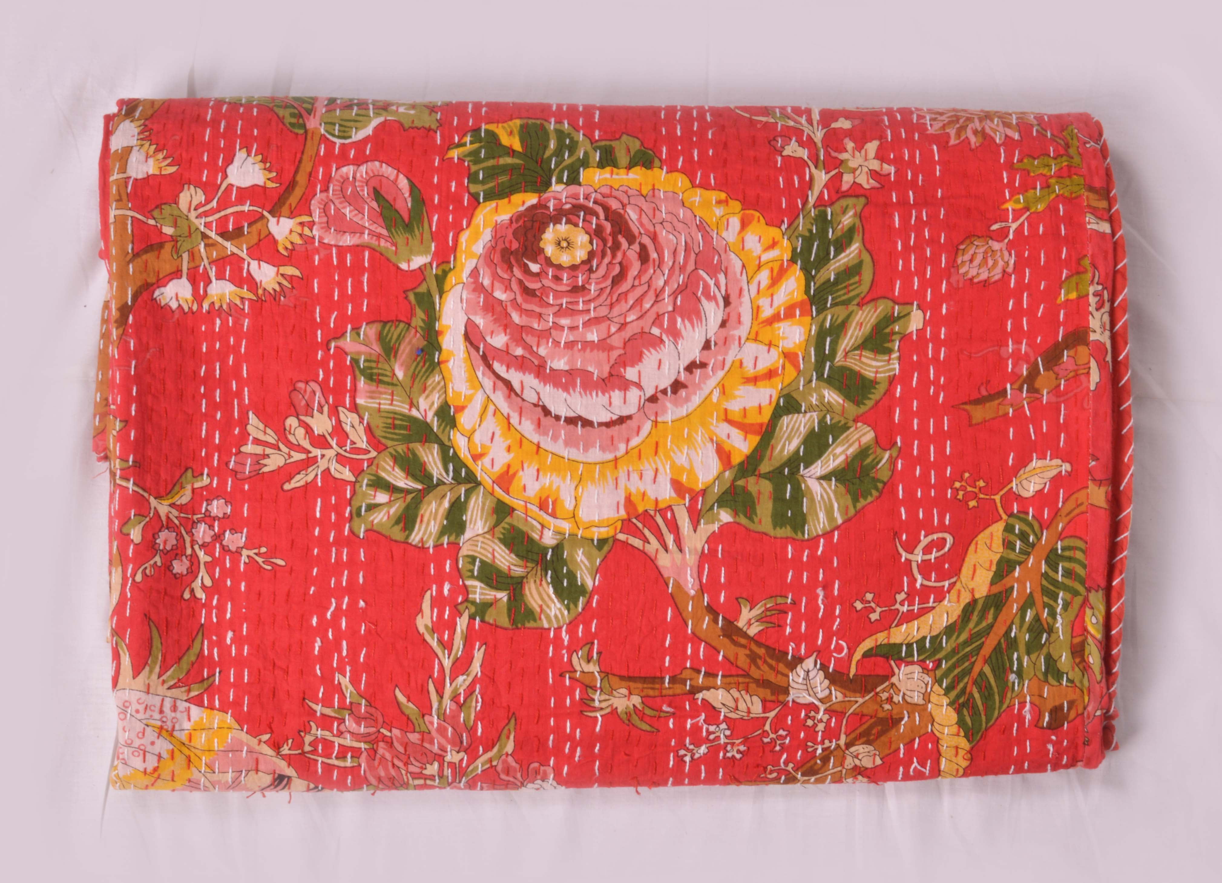 Red Floral Print Quilt Queen Kantha Quilt Red Quilt Kantha Bedspread