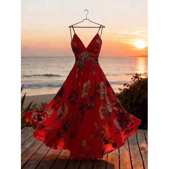 Red Floral Print Ruched Waist Elegant Long Spaghetti Strap Maxi Dress For Party