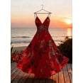 thumbnail image 1 of Red Floral Print Ruched Waist Elegant Long Spaghetti Strap Maxi Dress For Party, 1 of 5