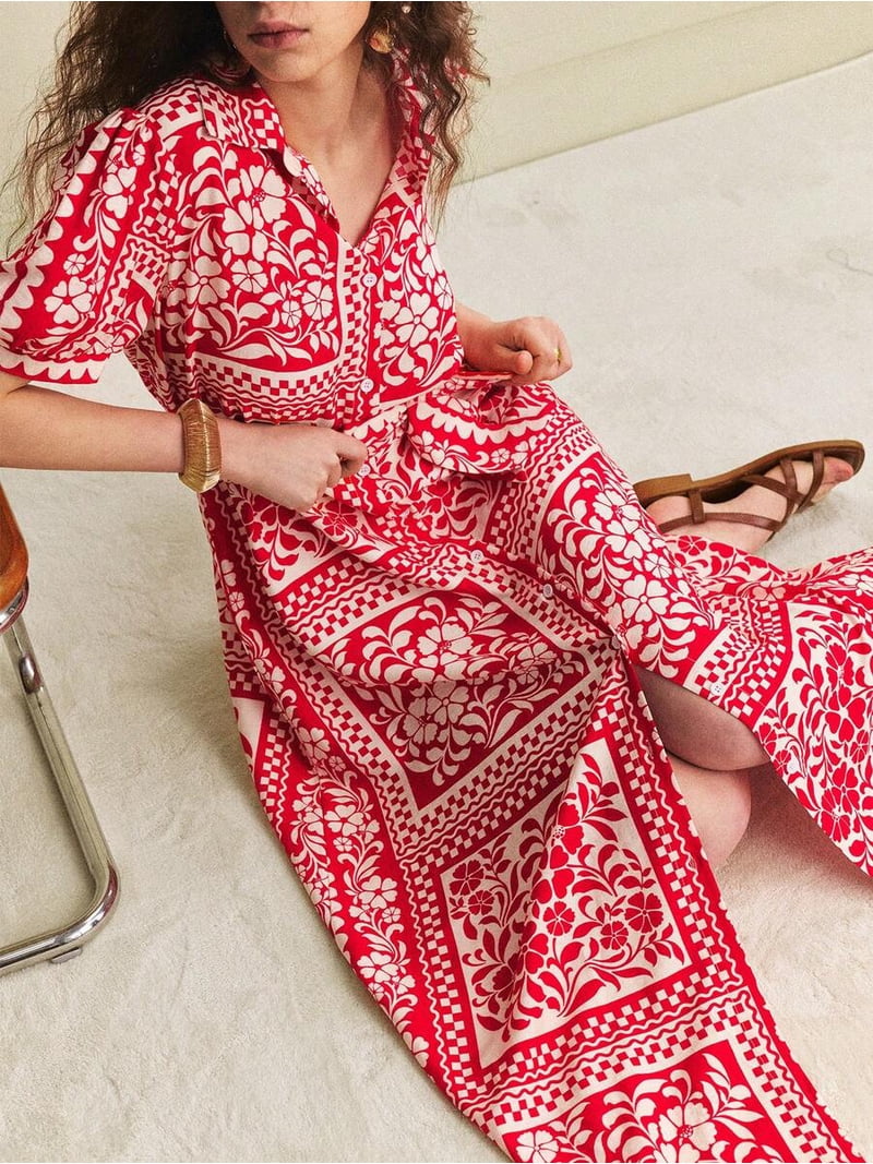 Red Floral Print Shirt Dress For Women, Retro Boho Maxi Dress With Short Sleeves And Collared Neck