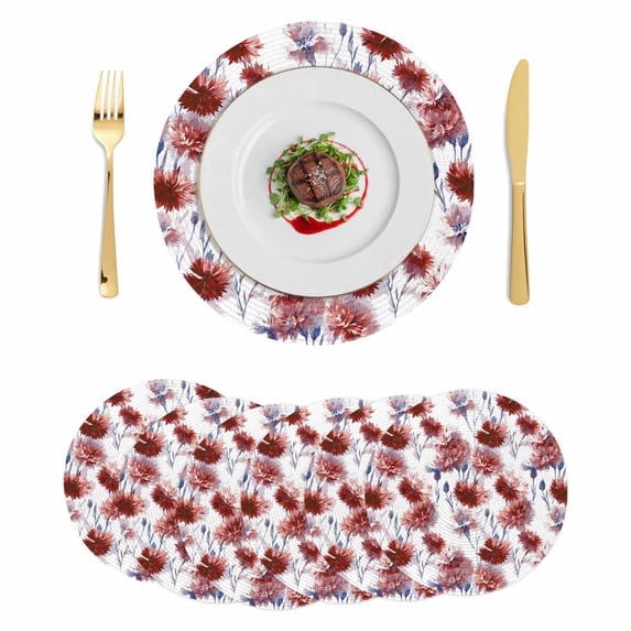 Red Floral Round 13 Inch Placemats Set of 6, Vintage Cornflower Leaves Rustic Plants HeatResistant Non Slip Place Mats for Dining Table, Wipeable Braided Kitchen Table Mats for Housewarming