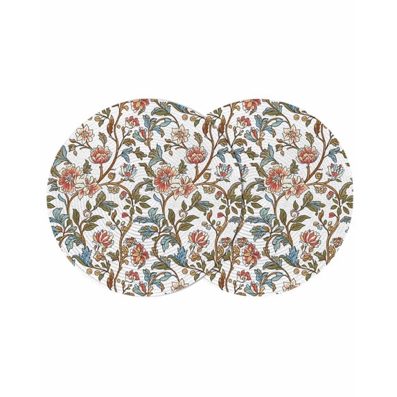 Red Floral Round Placemats Set of 2 for Dinning Tables,Heat-proof Braided Table Mats 15 Inch,Botanical Watercolor Vintage Flower Leaf Washable Place Mat for Kitchen Restaurant Party Table Decor