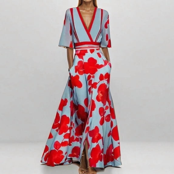 Red Floral Satin Wrap Maxi Dress V-Neck 3/4 Sleeve A-Line Flowy Evening Gown