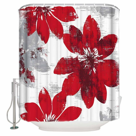 Red Floral Shower Curtain, 72" x 72", Vintage Flowers Waterproof Bathroom Curtain Washable Shower Curtain Set with 12 Hooks