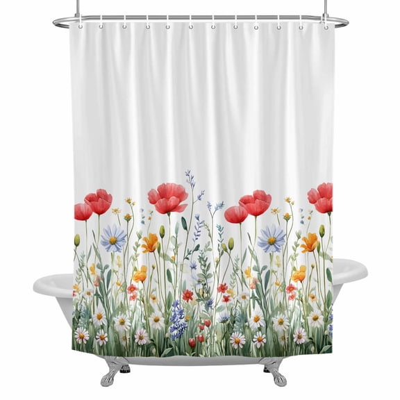 Red Floral Shower Curtain for Bathroom, Rustic Wildflower Leaf Spring Blossom Waterproof Cloth Fabric Bathroom Accessories Set with 12 Rust Proof Plastic Hooks, 72"x72"
