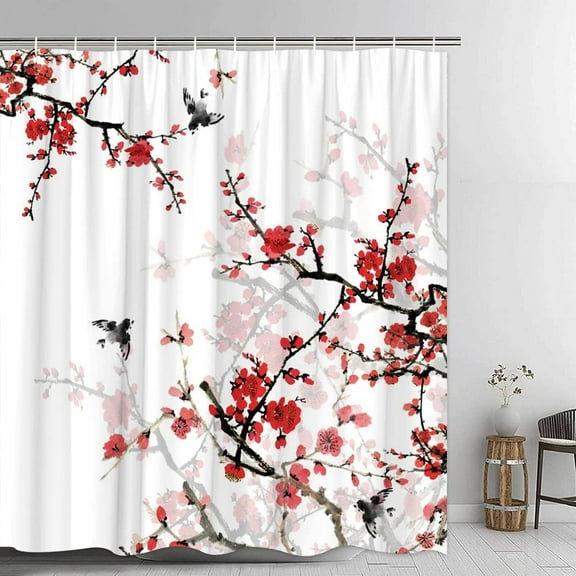 Red Floral Shower Curtain Japanese Cherry Blossom Plum Blossom Bird Asian Aesthetic Watercolor Traditional Art Vintage Bathroom Curtains Decor with Hook 72X72 Inch