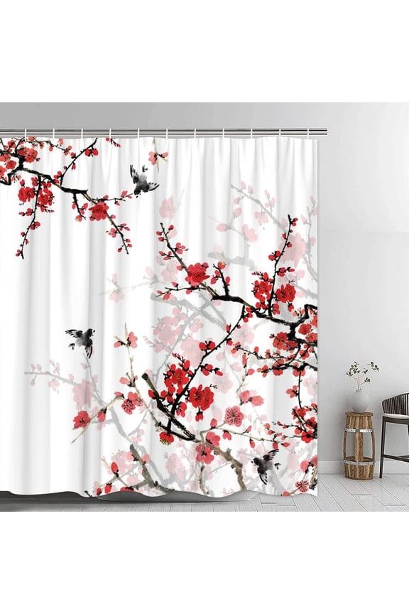 Red Floral Shower Curtain Japanese Cherry Blossom Plum Blossom Bird Asian Aesthetic Watercolor Traditional Art Vintage Bathroom Curtains Decor with Hook 72X72 Inch