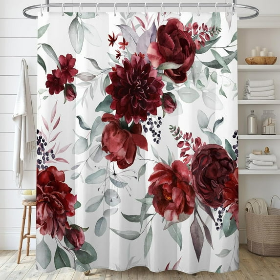Red Floral Shower Curtain,Sage Green Eucalyptus Leaves Bathroom Shower Curtains,Watercolor Flower Shower Curtain Sets,Modern Pretty Waterproof Fabric Bath Curtain with 12 Hooks 72x72in