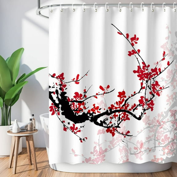 Red Floral Shower Curtains,Cherry Blossom Flower Plum Asian Japanese Aesthetic Watercolor Traditional Ink Scenery,Art Shower Curtain Waterproof Fabric