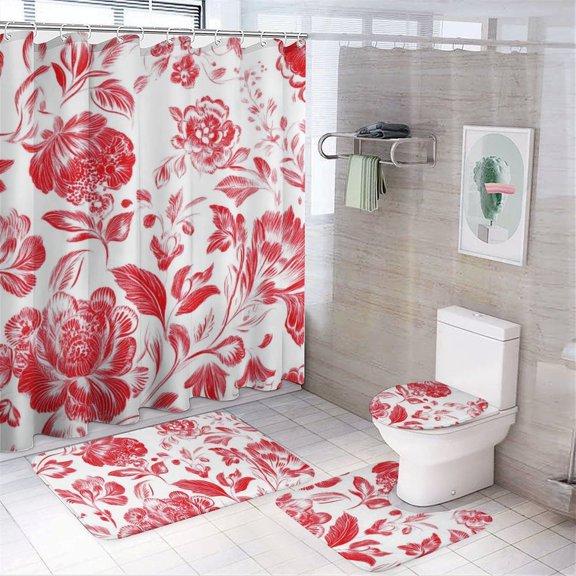 Red Floral Sketch Pattern Shower Curtain Set 4PCs with Hooks Waterproof Bathroom Toilet Mat Lid Decor