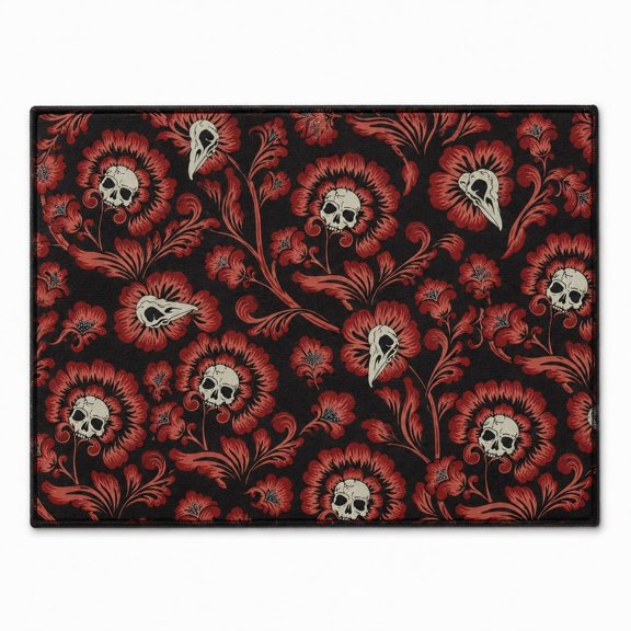 Red Floral Skull Doormat, Gothic Entryway Mat with Non-Slip Backing