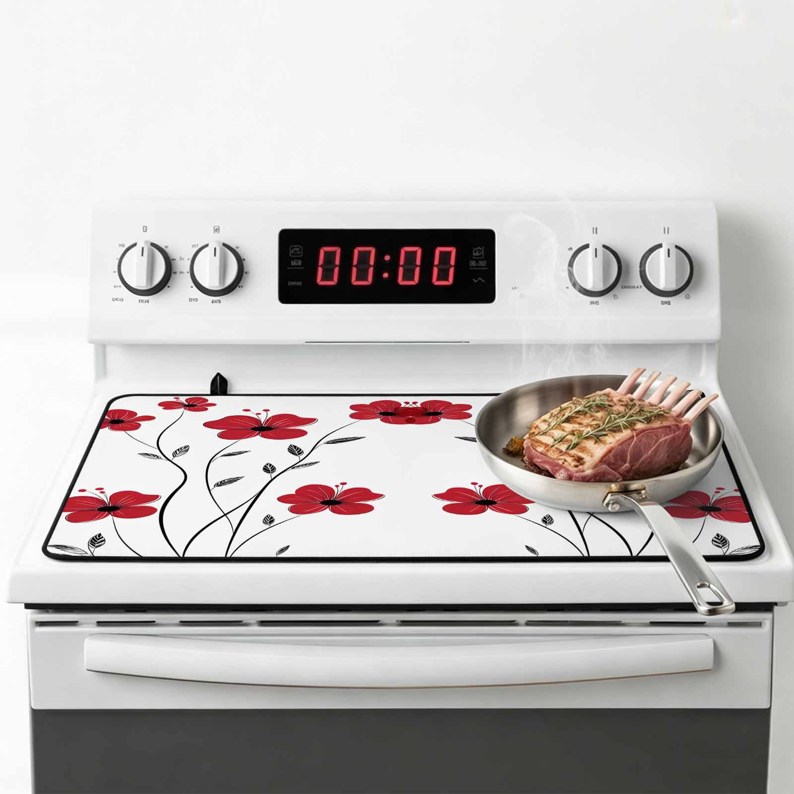 Red Floral Spring Stove Top Cover for Electric Stove, Heat-proof & Non Slip Glass Top Stove Cover Protector, Summer Botanical Pastoral Elegant Kitchen Flat Cooktop Rubber Mat 24x21 Inches