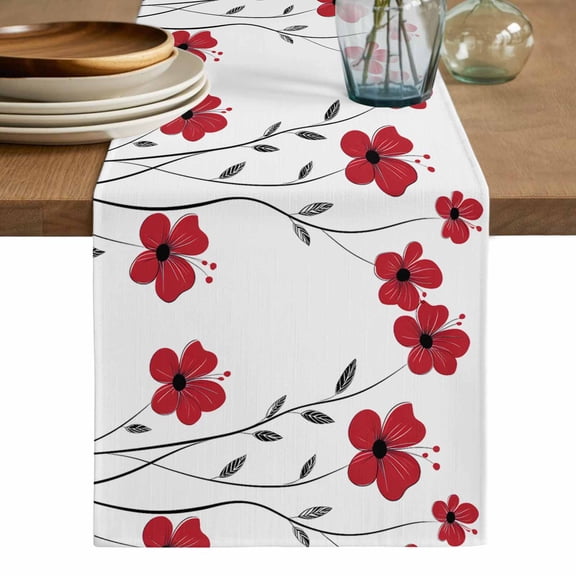 Red Floral Spring Table Runner, Summer Botanical Pastoral Elegant Washable Cotton Linen Table Runners 36 Inches Long, Dresser Scarf Runner for Nightstand/End Tables/Round Tables 13''x36''