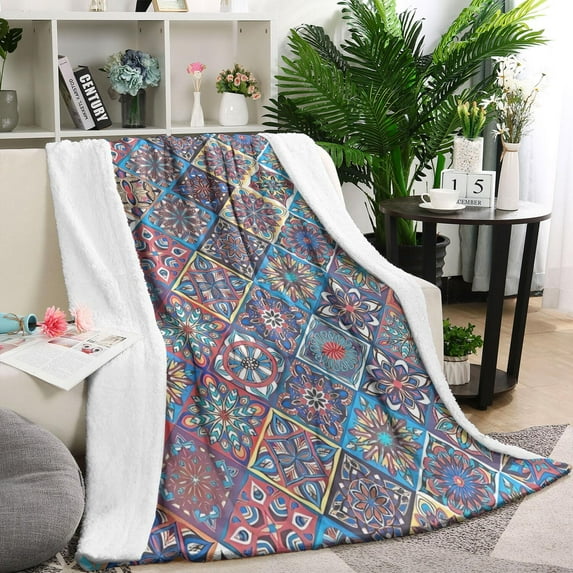 Red Floral Square Pattern Blanket,Comfortable Soft Lamb Wool Throw Blanket,All Season,Warm Lightweight Blankets for Sofa Bed Couch Living Room Chair,60"x80"