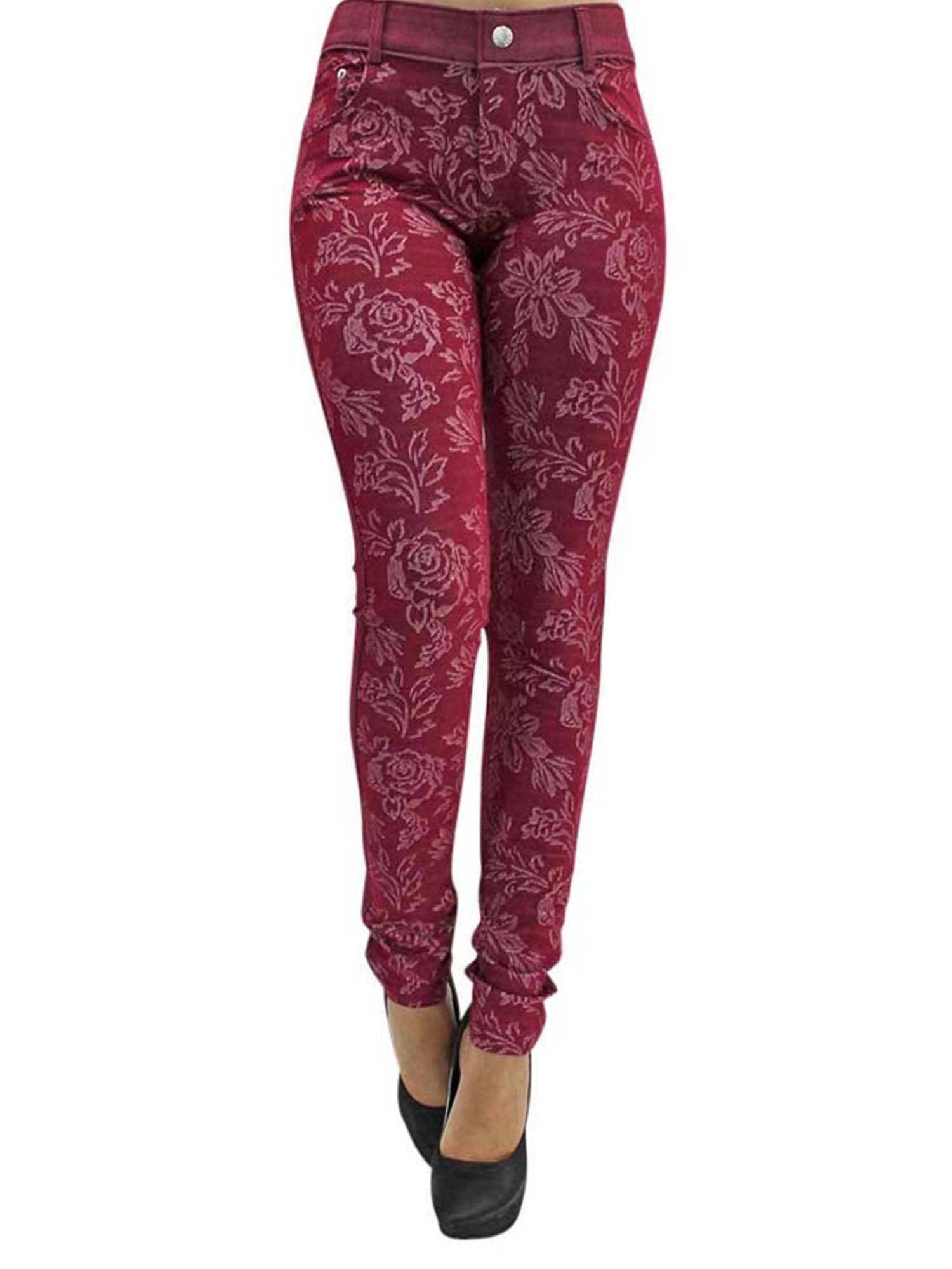 Red Floral Stretch Jeggings With Pockets Size Medium/Large