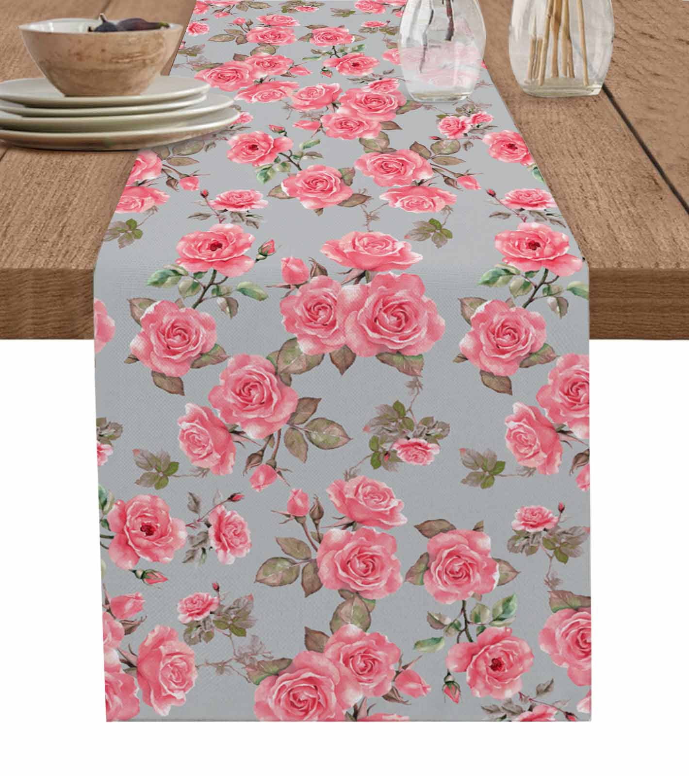 Red Floral Table Runner Cotton Linen 60 Inch Holiday Dresser Scarves, Farmhouse Garden Flowers Botanical Tablerunner for Kitchen Coffee Dining Bedroom Home Living Room Dinner Scarf Décor 13''x60''