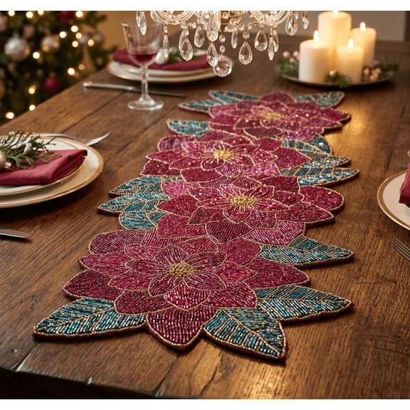Red Floral Table Runner, Handmade Beads Table Runner, Christmas Tableware 13X36 Inch