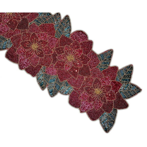 Red Floral Table Runner, Handmade Beads Table Runner, Christmas Tableware 13X36 Inch