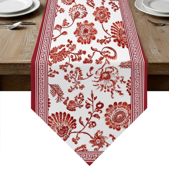 Red Floral Table Runner Linen Burlap Table Runner 120 Inches Long Vintage Flowers Botanical Farmhouse Greek Key Dresser Scarves for Kitchen Island Coffee Dining Room Party Holiday Decor 13"x120"