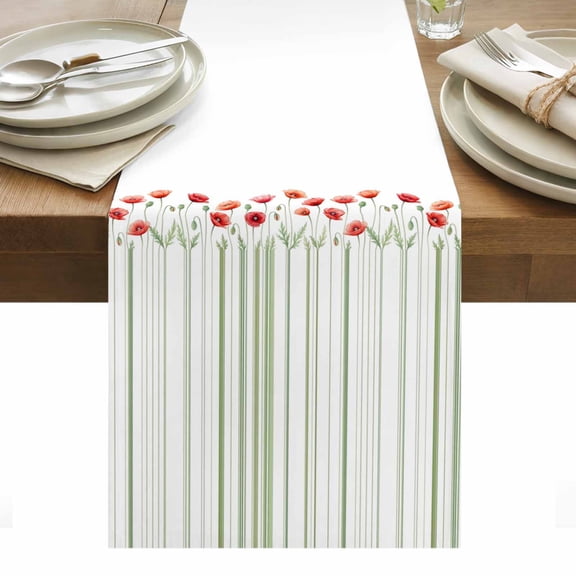 Red Floral Table Runner Watercolor Simple Spring Green Leaves Botanical Lines Table Runners Dresser Scarves Holiday Kitchen Dining Table Decoration for Home Party Indoor 13x90 Inch