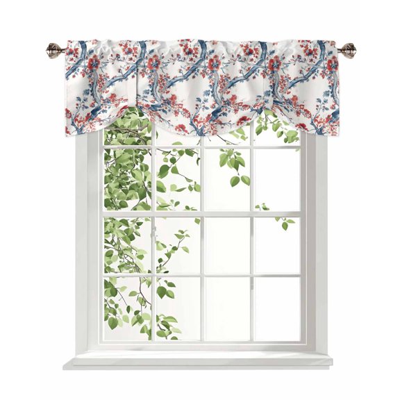 Red Floral Tie Up Valances Curtain, Watercolor Flower Branch Kitchen Valances for Windows Decor, Rod Pocket Short Curtains Set for Bedroom/Bathroom, 42"x18"