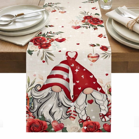 Red Floral Valentine's Day Table Runner - 90 Inch Long, Kitchen Dining Table Runner Dresser Scarves, Gnomes Botanical Gifts Rustic Farmhouse Decor for Coffee Tables Wedding Party Banquet