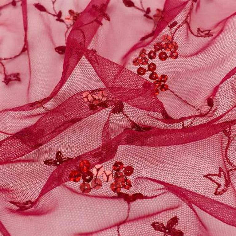 Red Floral Vine Sequin Embroidered Mesh, Fabric By the Yard