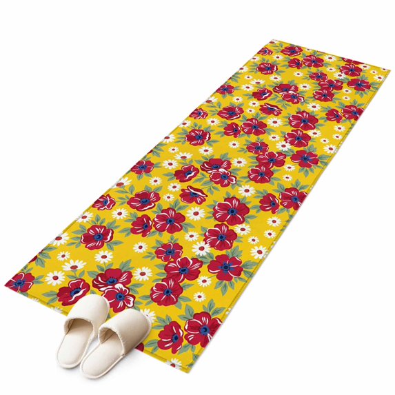 Red Floral Washable Runner Rugs 2'x6', Flower Leaves Farmhouse Yellow Background Low Pile Throw Entryway Rug Non-Slip Sturdy Edge Binding Carpet for Indoor Bedside Entrance Bedside