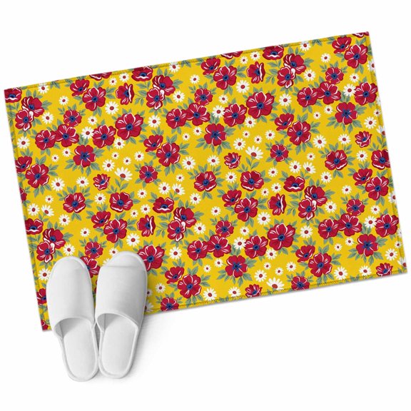 Red Floral Washable Small Entryway Area Rugs 2'x3', Flower Leaves Farmhouse Yellow Background Low Pile Throw Rug Non-Slip Sturdy Edge Binding Carpet for Front Door Floor Room Entry