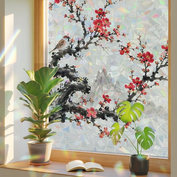 Red Floral Window Privacy Film, Oriental Plum Blossom Branch Sparrow Linen Texture Static Cling Stained Glass Window Sticker Decorative Removable Rainbow Film for Glass 17.7”x39.3”