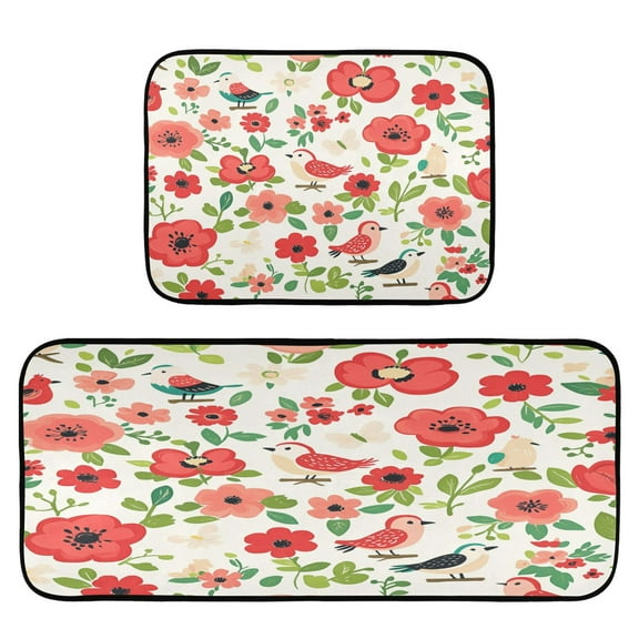 Red Floral with Birds 2-Piece Kitchen Carpet Mat Set, Non-Slip Memory Foam, Soft for Kitchen and Living Room Use