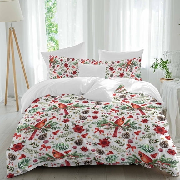 Red Flower Bird Duvet Cover Set Queen Size, Green Leaf Pine Cone Christmas Star 4 Piece Soft Microfiber Bedding Set with Zipper Closure, 1 Comforter Cover, 1 Flat Sheet, 2 Pillowcases