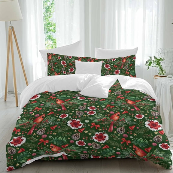 Red Flower Bird Duvet Cover Set Queen Size, Green Leaf Pine Cone Christmas Stars 4 Piece Soft Microfiber Bedding Set with Zipper Closure, 1 Comforter Cover, 1 Flat Sheet, 2 Pillowcases