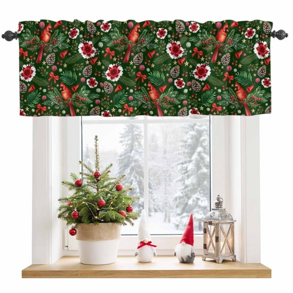 Red Fiower Red Flower Bird Valances for Windows Green Leaf Pine Cone Christmas ...