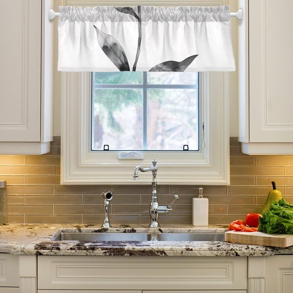 Red Flower Black Leaves Curtain Valances Farmhouse Design Window Treatment Decor Blackout Rod Pocket for Windows Living Room Kitchen 54" x 18"