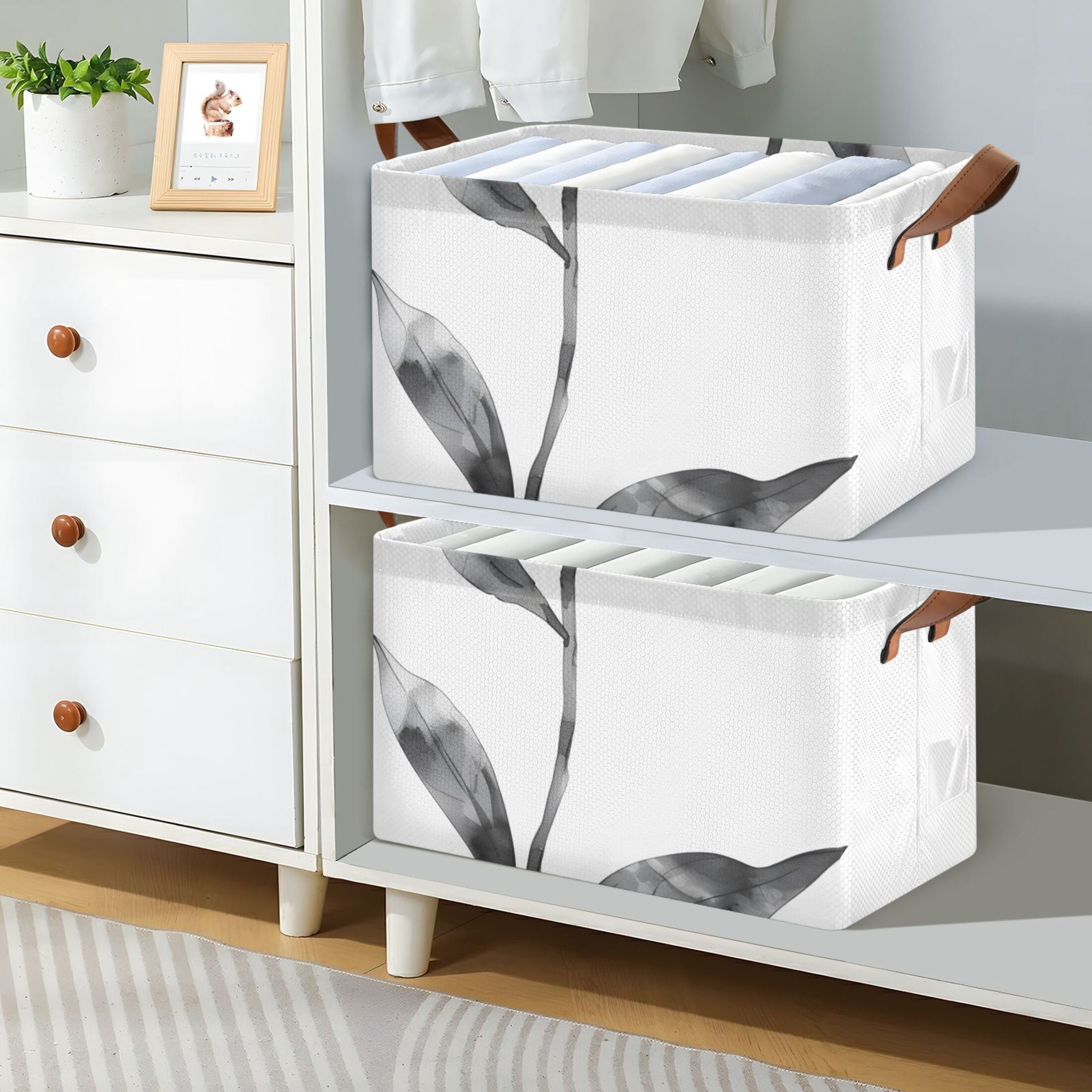 Red Flower Black Leaves Foldable Storage Large Fabric Storage Baskets Organizer Storage Bins with Handles for Shelves