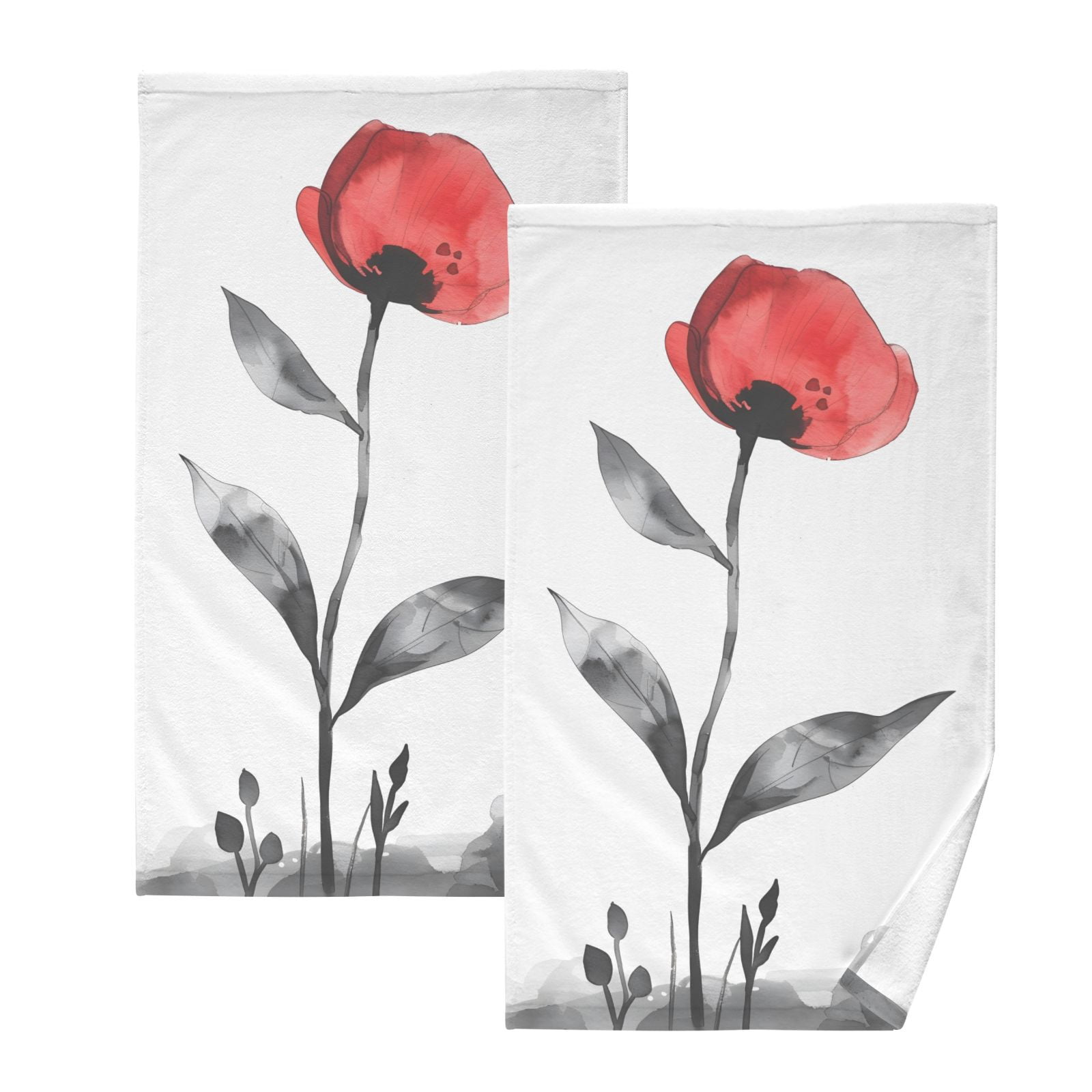 Red Flower Black Leaves Hand Towels Cotton Bath Towels Large Face Towels Absorbent for Bathroom 2 Packs