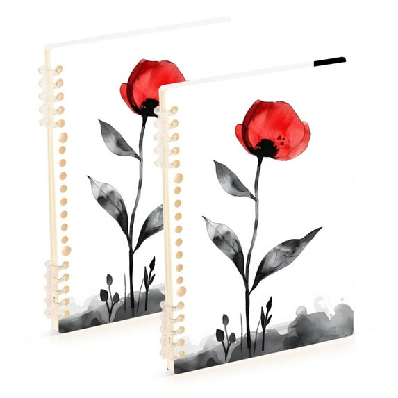 Red Flower Black Leaves Ring Binder Notebook Journey Note Diary College Ruled Spiral Notebook Study Loose Leaf Paper A5 60 Pages
