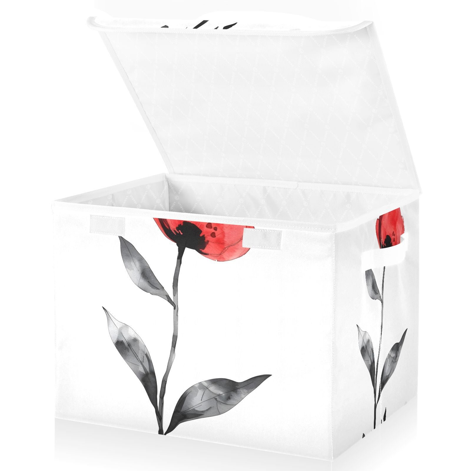 Red Flower Black Leaves Storage Basket for Shelves Foldable Container Organizer for Organizing Toys Clothes Books with Handles