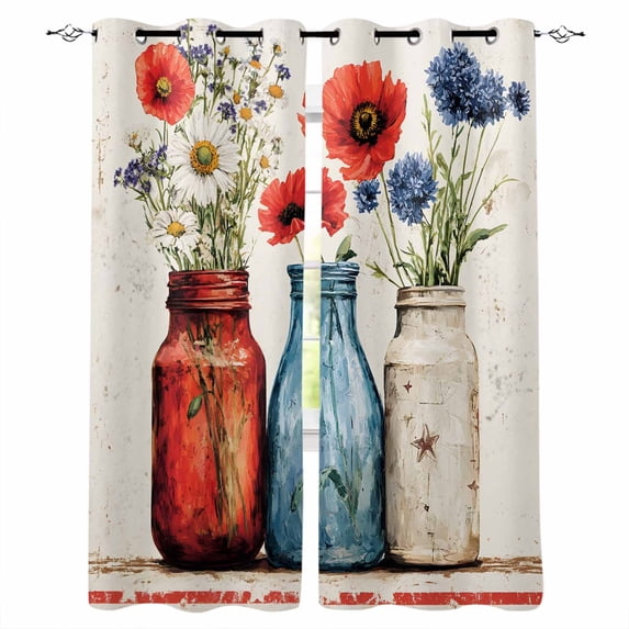 Red Flower Blackout Curtains for Bedroom Living Room Darkening Curtains 63 Inches Long Vintage Blue Poppy Floral Daisy Patriotic Window Curtain 2 Panels Set Window Treatment Grommet Drapes 52"x63"