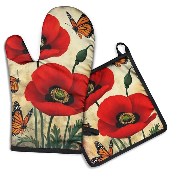 Red Flower Butterflies Kitchen Oven Mitt and Pot Holder Sets 2 Pcs for Baking, Cooking and Grilling, Heat Resistant Up To 392 °F