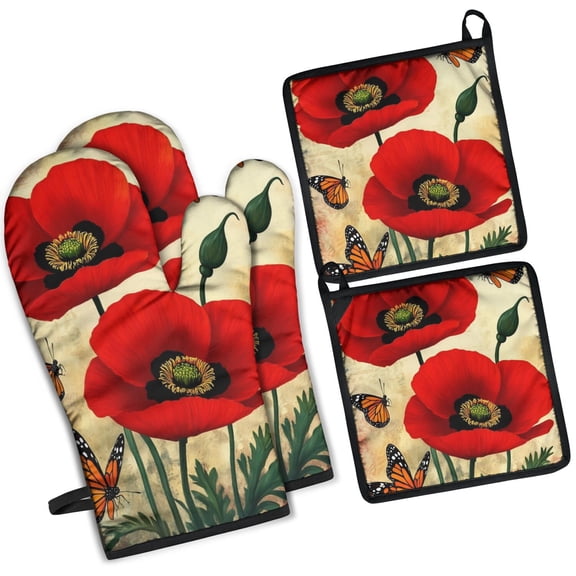 Red Flower Butterflies Kitchen Oven Mitt and Pot Holder Sets 4 Pcs for Baking, Cooking and Grilling, Heat Resistant Up To 392 °F