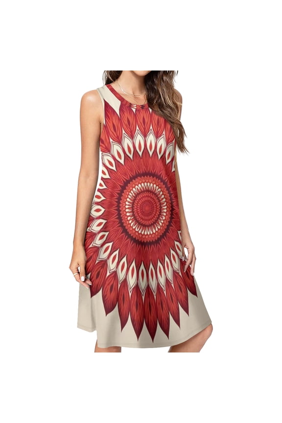Red Flower Center Mandala Spring Summer Dresses for Women Fashion T-shirt Dress Casual Sleeveless Loose Sundress with Pockets